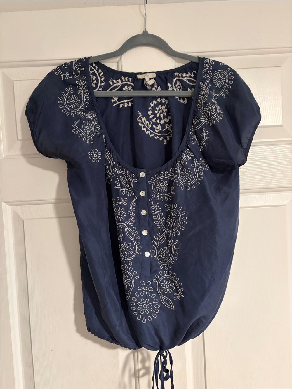 Joie Navy Blue Embroidered Scoop-Neck Blouse